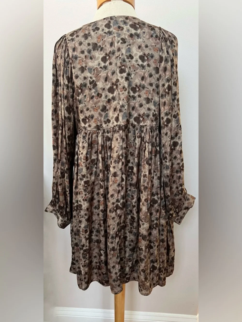 Boho Flowy Babydoll Dress Brown Floral Long Sleeve Mini Peasant Cottagecore - Picture 6 of 6